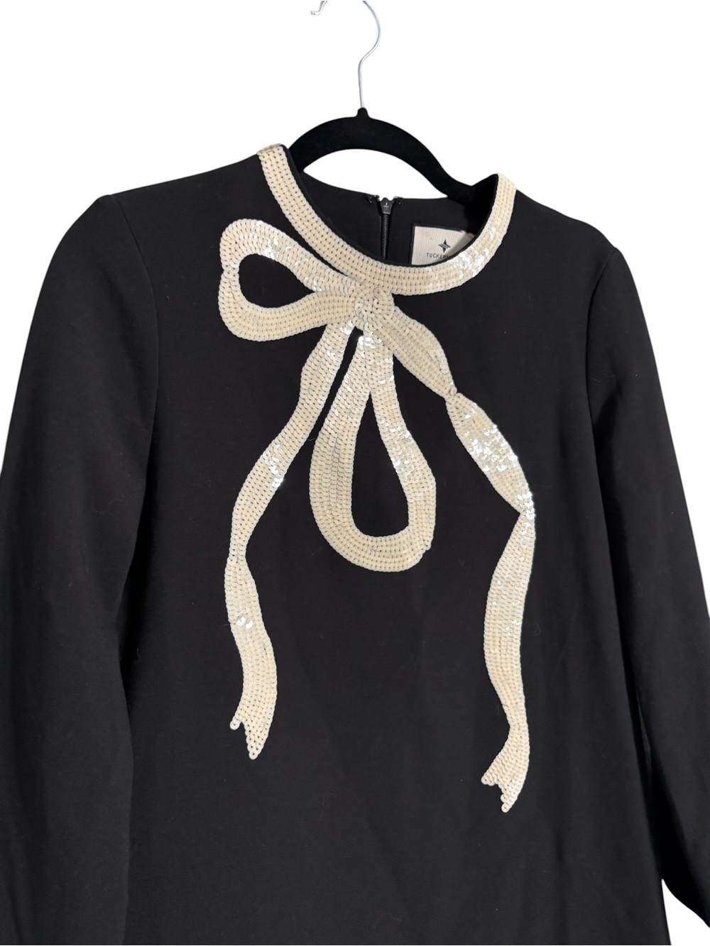 Tuckernuck Jamie Long Sleeve Bow Mini Dress Black Sequin Trim Size Small - Picture 4 of 7